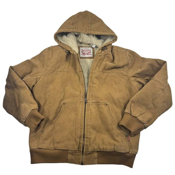 Levi’s Men’s Sherpa Lined Canvas Hooded Jacket Brown Size L Warm Fleece Interior - Picture 1 of 7